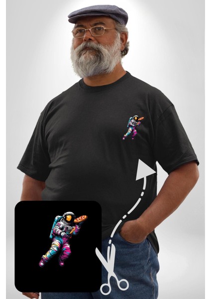 Pizza Servisi Uzay Kurye Siyah Büyük Beden Kadın Basic Minimal Baskılı Tişört