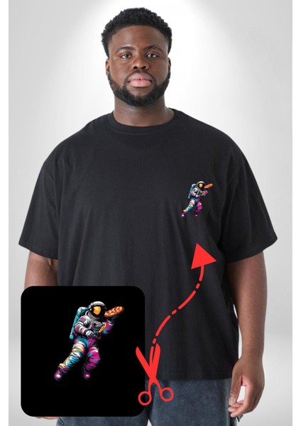 Pizza Servisi Uzay Kurye Siyah Büyük Beden Kadın Basic Minimal Baskılı Tişört fırsatları