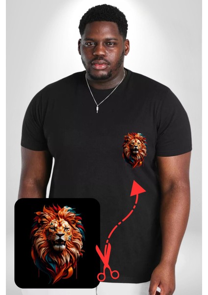 Renkli Kaplan Kükrüyor Siyah Büyük Beden Kadın Basic Minimal Baskılı Tişört