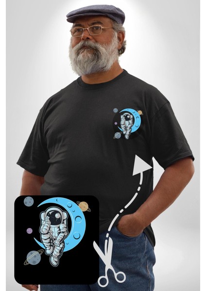 Astronot Uzayda Sıkılmış Siyah Büyük Beden Kadın Basic Minimal Baskılı Tişört