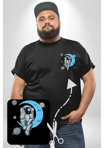 Astronot Uzayda Sıkılmış Siyah Büyük Beden Kadın Basic Minimal Baskılı Tişört fiyatları