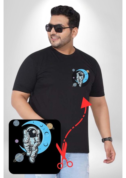 Astronot Uzayda Sıkılmış Siyah Büyük Beden Kadın Basic Minimal Baskılı Tişört modelleri