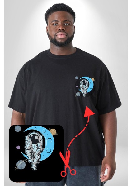 Astronot Uzayda Sıkılmış Siyah Büyük Beden Kadın Basic Minimal Baskılı Tişört fırsatları