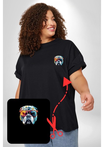 Bull Terier Köpek Gözlük Renkli Siyah Büyük Beden Kadın Basic Minimal Baskılı Tişört