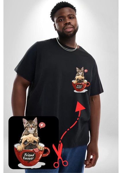 Kedi Ve Köpek Sonsuzadek Arkadaşız Siyah Büyük Beden Kadın Basic Minimal Baskılı Tişört
