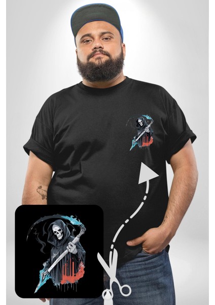 Azrail Ölüm Tanrısı Iskelet Siyah Büyük Beden Kadın Basic Minimal Baskılı Tişört
