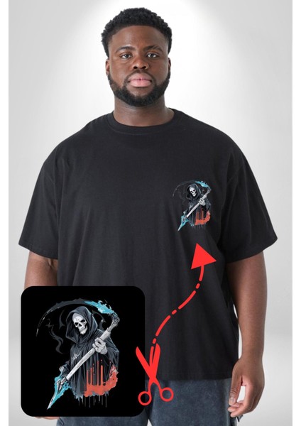 Azrail Ölüm Tanrısı Iskelet Siyah Büyük Beden Kadın Basic Minimal Baskılı Tişört modelleri