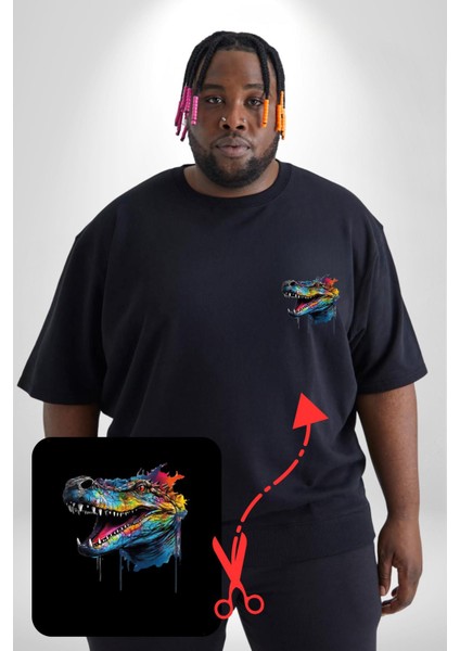 Timsah Renkli Kafası Siyah Büyük Beden Kadın Basic Minimal Baskılı Tişört