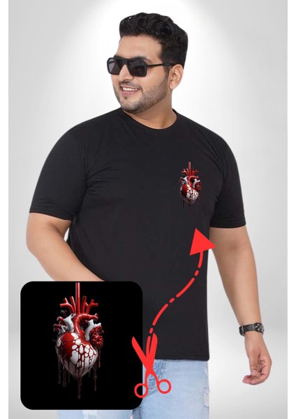 Kırmızı Beyaz Kalp Toplar Damar Siyah Büyük Beden Kadın Basic Minimal Baskılı Tişört