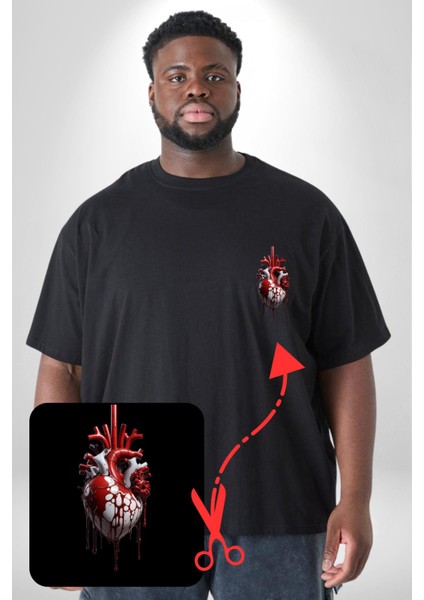 Kırmızı Beyaz Kalp Toplar Damar Siyah Büyük Beden Kadın Basic Minimal Baskılı Tişört fiyatları