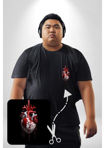 Kırmızı Beyaz Kalp Toplar Damar Siyah Büyük Beden Kadın Basic Minimal Baskılı Tişört modelleri