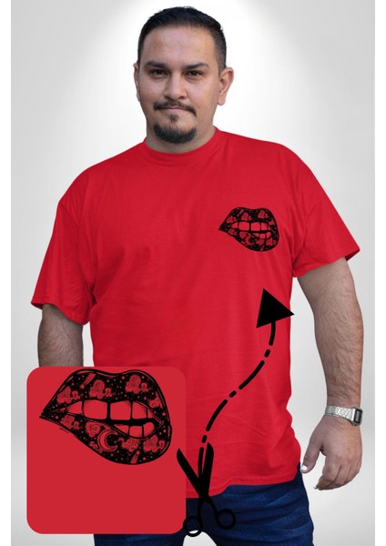 Ay Yıldız Dudak Bulut Dövme Kırmızı Büyük Beden Kadın Basic Minimal Baskılı Tişört