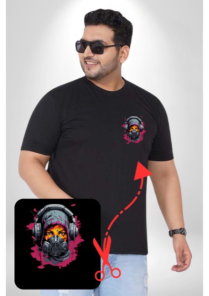 Maske Duman Corona Müzik Kulaklık Siyah Büyük Beden Kadın Basic Minimal Baskılı Tişört