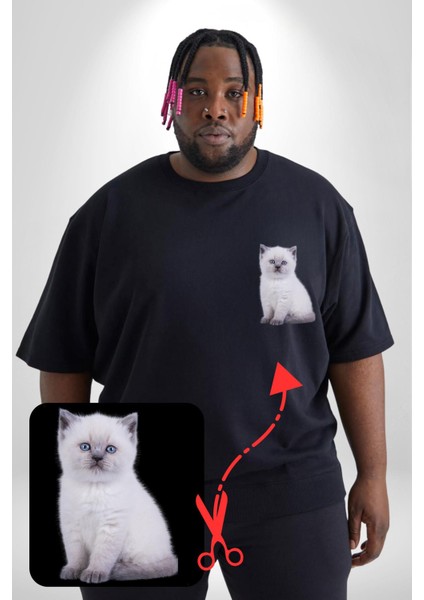 Beyaz Yavru Kedi Siyah Büyük Beden Kadın Basic Minimal Baskılı Tişört