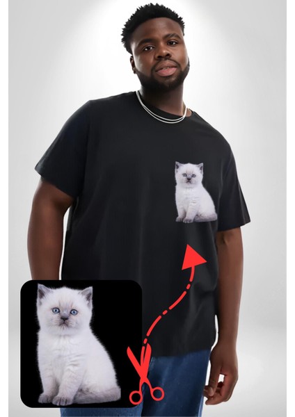 Beyaz Yavru Kedi Siyah Büyük Beden Kadın Basic Minimal Baskılı Tişört fiyatları