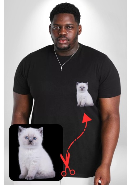 Beyaz Yavru Kedi Siyah Büyük Beden Kadın Basic Minimal Baskılı Tişört modelleri