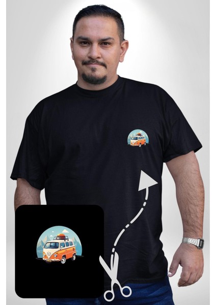 Wolkswagen Karavan Kış Gezisi Siyah Büyük Beden Kadın Basic Minimal Baskılı Tişört