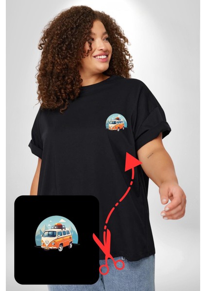 Wolkswagen Karavan Kış Gezisi Siyah Büyük Beden Kadın Basic Minimal Baskılı Tişört fırsatları