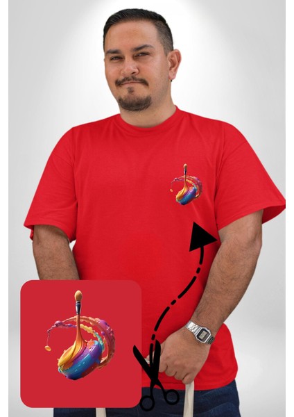 Resim Fırcası Kırmızı Büyük Beden Kadın Basic Minimal Baskılı Tişört