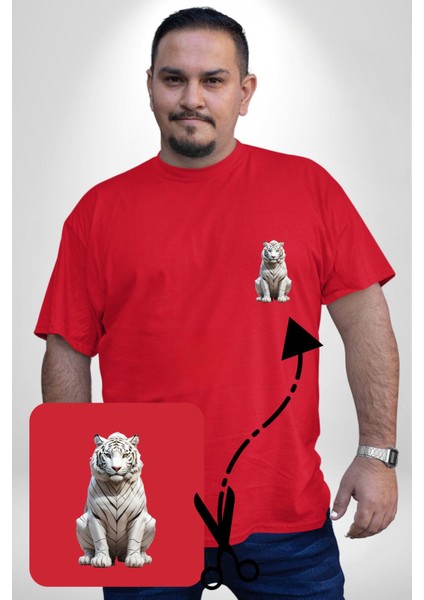 Beyaz Kaplan Kırmızı Büyük Beden Kadın Basic Minimal Baskılı Tişört