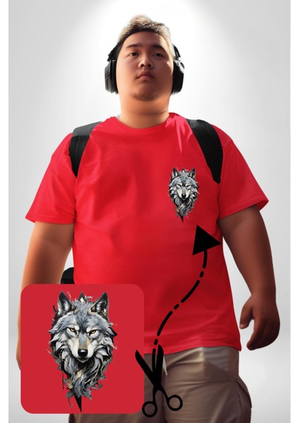 Beyaz Kurt Kırmızı Büyük Beden Kadın Basic Minimal Baskılı Tişört