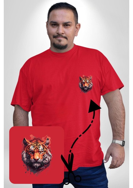 Kaplan Kafası Kırmızı Büyük Beden Kadın Basic Minimal Baskılı Tişört