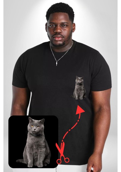 British Shorthair Kedi Siyah Büyük Beden Kadın Basic Minimal Baskılı Tişört