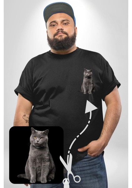 British Shorthair Kedi Siyah Büyük Beden Kadın Basic Minimal Baskılı Tişört modelleri