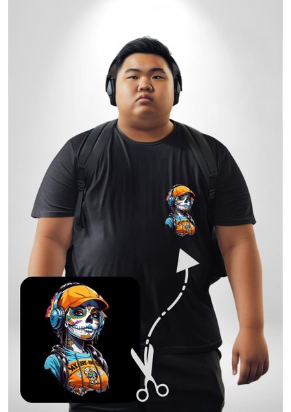 Robot Kız Müzik Kulaklık Şapka Siyah Büyük Beden Kadın Basic Minimal Baskılı Tişört modelleri