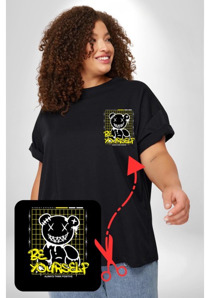 Kendin Ol Siyah Büyük Beden Kadın Basic Minimal Baskılı Tişört modelleri
