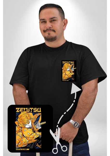 Zenitsu Agatsuma Anime Siyah Büyük Beden Kadın Basic Minimal Baskılı Tişört