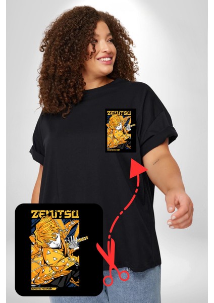 Zenitsu Agatsuma Anime Siyah Büyük Beden Kadın Basic Minimal Baskılı Tişört modelleri