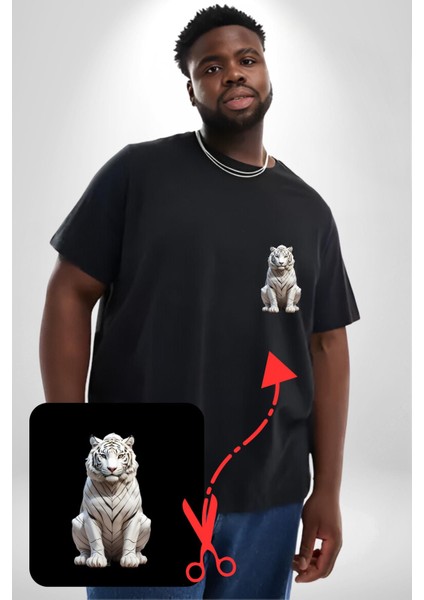 Beyaz Kaplan Siyah Büyük Beden Kadın Basic Minimal Baskılı Tişört