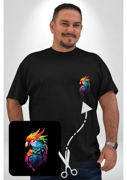 Renkli Amerikan Papağanı Siyah Büyük Beden Kadın Basic Minimal Baskılı Tişört