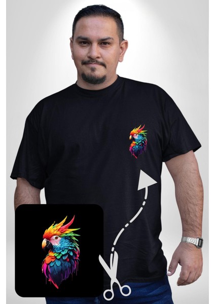 Renkli Amerikan Papağanı Siyah Büyük Beden Kadın Basic Minimal Baskılı Tişört fiyatları