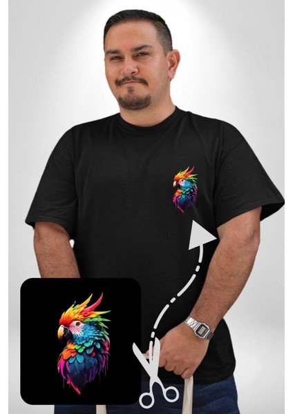 Renkli Amerikan Papağanı Siyah Büyük Beden Kadın Basic Minimal Baskılı Tişört modelleri