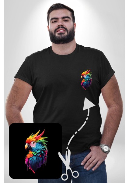 Renkli Amerikan Papağanı Siyah Büyük Beden Kadın Basic Minimal Baskılı Tişört fırsatları
