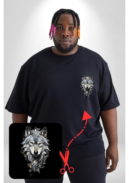 Beyaz Kurt Siyah Büyük Beden Kadın Basic Minimal Baskılı Tişört