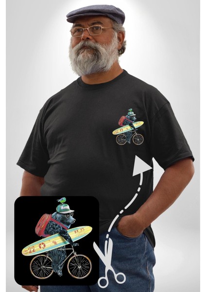 Komik Köpek Sörf Tahtası Bisiklet Siyah Büyük Beden Kadın Basic Minimal Baskılı Tişört