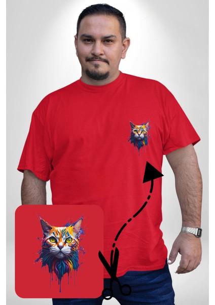 Şimşek Yağmur Kedi Kırmızı Büyük Beden Kadın Basic Minimal Baskılı Tişört