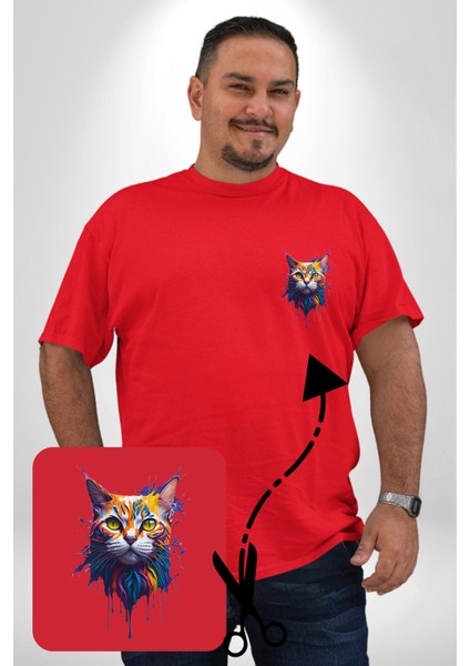 Şimşek Yağmur Kedi Kırmızı Büyük Beden Kadın Basic Minimal Baskılı Tişört
