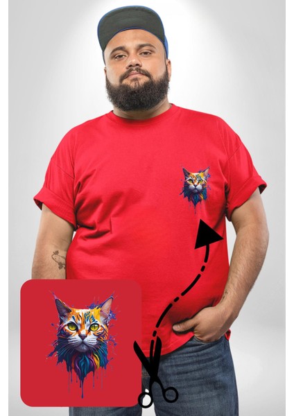 Şimşek Yağmur Kedi Kırmızı Büyük Beden Kadın Basic Minimal Baskılı Tişört