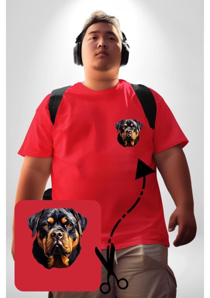 Rottweiler Kafası Kırmızı Büyük Beden Kadın Basic Minimal Baskılı Tişört