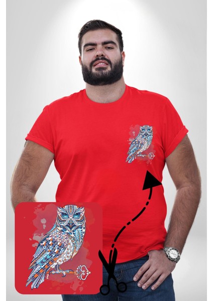 Anahtar Baykuş Tuval Kırmızı Büyük Beden Kadın Basic Minimal Baskılı Tişört