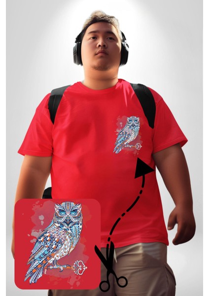 Anahtar Baykuş Tuval Kırmızı Büyük Beden Kadın Basic Minimal Baskılı Tişört fiyatları