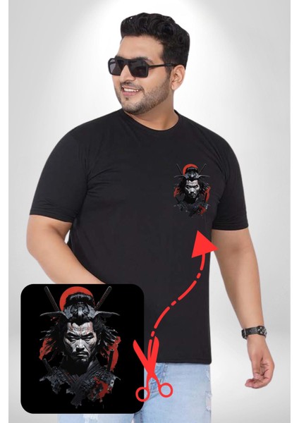 Asyalı Japon Samuray Savaşcı Siyah Büyük Beden Kadın Basic Minimal Baskılı Tişört