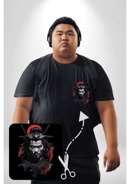 Asyalı Japon Samuray Savaşcı Siyah Büyük Beden Kadın Basic Minimal Baskılı Tişört modelleri