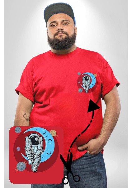 Astronot Uzayda Sıkılmış Kırmızı Büyük Beden Kadın Basic Minimal Baskılı Tişört
