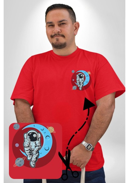 Astronot Uzayda Sıkılmış Kırmızı Büyük Beden Kadın Basic Minimal Baskılı Tişört fiyatları