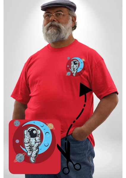 Astronot Uzayda Sıkılmış Kırmızı Büyük Beden Kadın Basic Minimal Baskılı Tişört modelleri